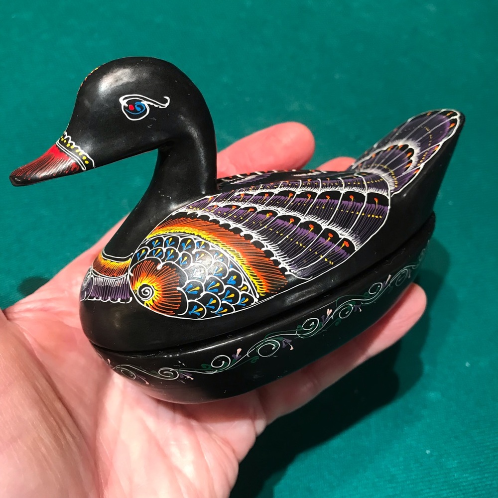 Vintage Wooden Trinket Dish with intricate hand painted Duck Design